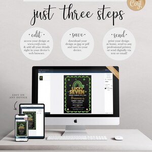 Corjl "Just three steps" explainer graphic: edit your design at www.corjl.com, save as jpg or pdf, and send — print at home, send to any professional printer, or send digitally via text or email — shown on a desktop computer and mobile devices with the Lucky Seven invitation open.