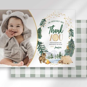 Jameson's camping-themed thank you photo card with the baby's photo mockup layered in front of a second card showing a sage green plaid back design.