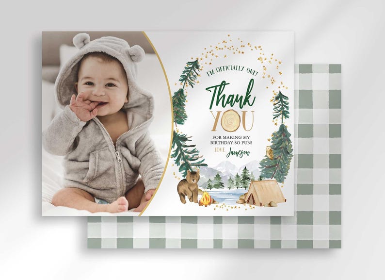 Jameson's camping-themed thank you photo card with the baby's photo mockup layered in front of a second card showing a sage green plaid back design.