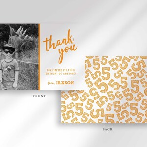 Front and back card mockup labeled "FRONT" and "BACK": front shows the photo thank you card design, back shows a gold number-5 pattern.