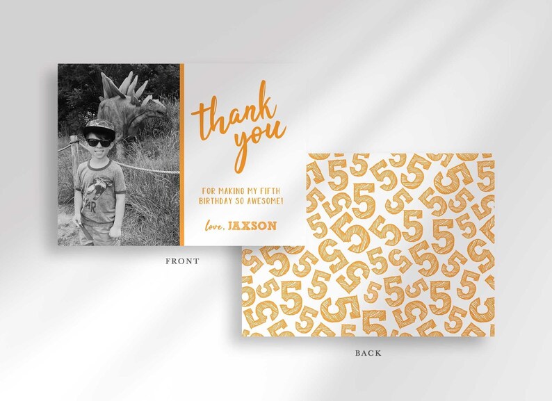 Front and back card mockup labeled "FRONT" and "BACK": front shows the photo thank you card design, back shows a gold number-5 pattern.