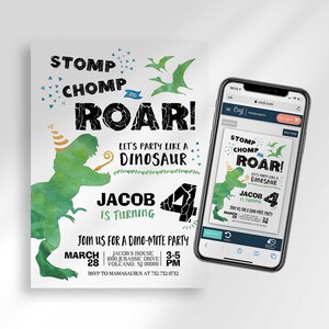 Jacob's dinosaur-themed birthday invitation shown next to a smartphone displaying the design in an editor.
