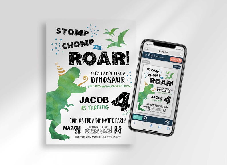 Jacob's dinosaur-themed birthday invitation shown next to a smartphone displaying the design in an editor.