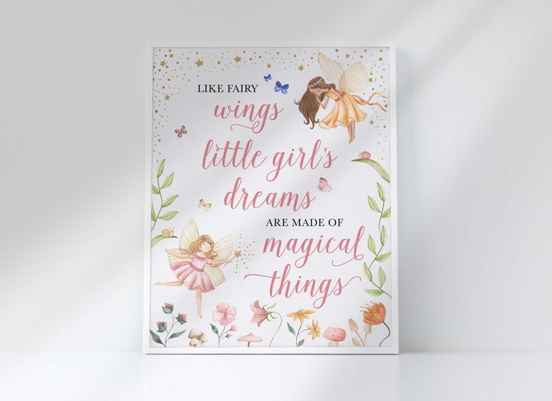 Like Fairy Wings, Little Girl's Dreams are Made of Magical Things Sign Instant Download Fairy Birthday Party Sign 8x10 and 11x14 Pink image 2