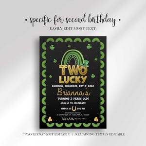 Two Lucky birthday invitation with a banner noting it's specific for second birthdays, with the "Two Lucky" text fixed and remaining text easily editable.