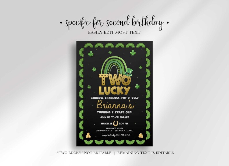 Two Lucky birthday invitation with a banner noting it's specific for second birthdays, with the "Two Lucky" text fixed and remaining text easily editable.