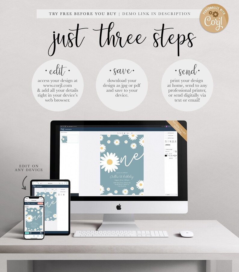 Graphic explaining the 'just three steps' process: edit your design at Corjl.com in your browser, save it as a JPG or PDF, and send it by printing at home, using a professional printer, or sending digitally, shown with the design displayed on a desktop computer, tablet, and phone.
