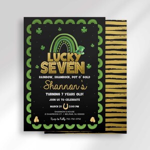 Front of the "Lucky Seven" St. Patrick's Day birthday invitation overlapping its gold-striped back, showing Shannon's Turning 7 party details.