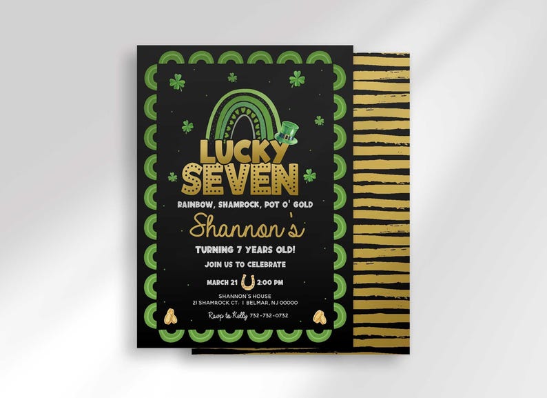 Front of the "Lucky Seven" St. Patrick's Day birthday invitation overlapping its gold-striped back, showing Shannon's Turning 7 party details.
