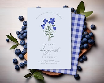 Blueberry First Birthday Invitation: Watercolor Floral (Digital Download)