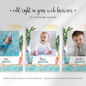 Three surf-themed monthly photo banner cards displayed horizontally with text overhead explaining web browser editing.