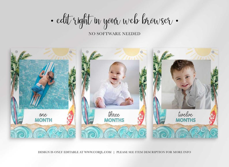 Three surf-themed monthly photo banner cards displayed horizontally with text overhead explaining web browser editing.