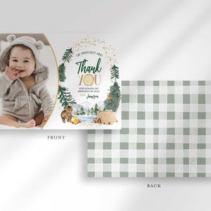 Front and back view of the card: the front shows the baby's photo mockup beside the camping-themed thank you message, and the back shows a sage green plaid pattern.