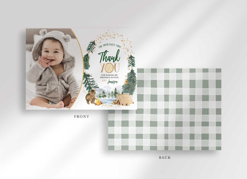 Front and back view of the card: the front shows the baby's photo mockup beside the camping-themed thank you message, and the back shows a sage green plaid pattern.