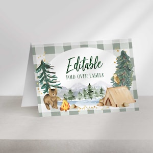 Etiquetas de mesa de tenda de aniversário de campista editáveis para download instantâneo | Etiqueta de mesa de alimentos | Cartão de nome | Multiuso