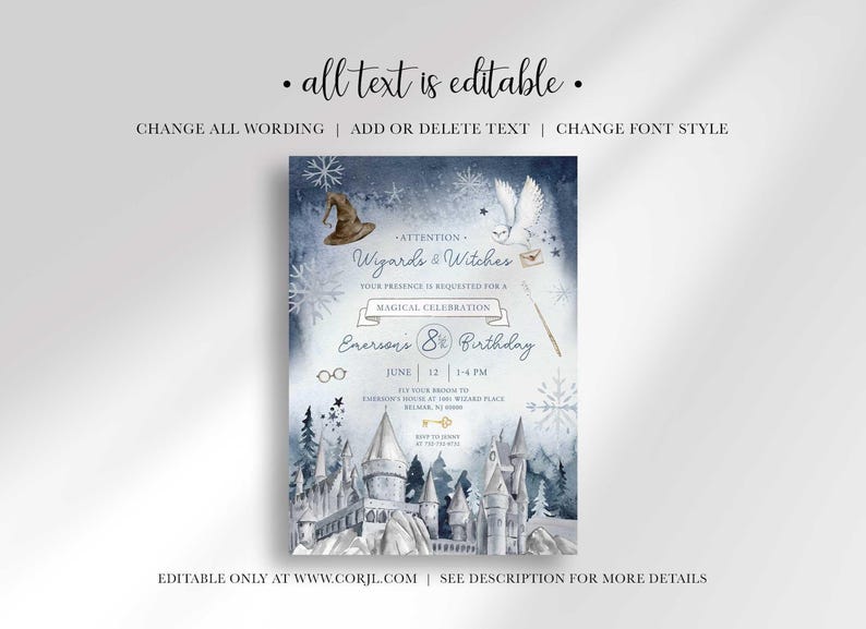 Graphic explaining that all text on the invitation is editable, with options to change wording, add or delete text, and change font style, noting it is editable only at Corjl.com.