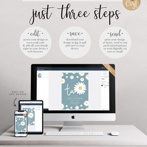 Graphic explaining the 'just three steps' process: edit your design at Corjl.com in your browser, save it as a JPG or PDF, and send it by printing at home, using a professional printer, or sending digitally, shown with the design displayed on a desktop computer, tablet, and phone.