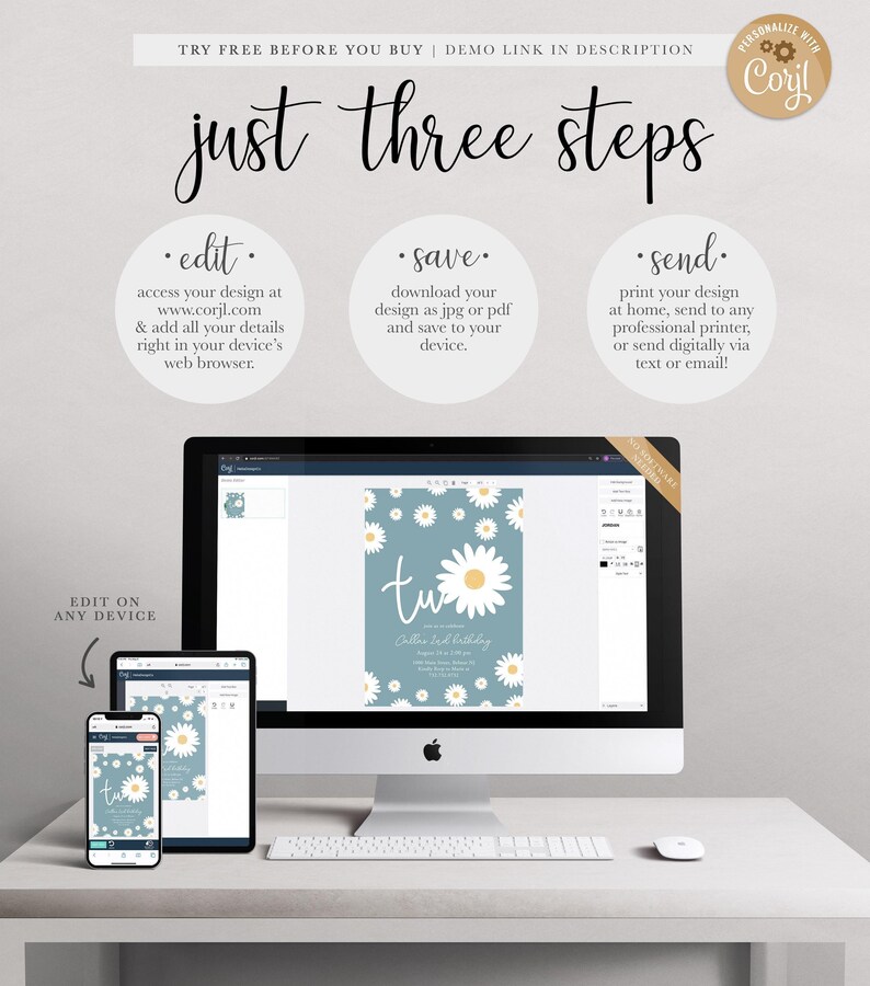 Graphic explaining the 'just three steps' process: edit your design at Corjl.com in your browser, save it as a JPG or PDF, and send it by printing at home, using a professional printer, or sending digitally, shown with the design displayed on a desktop computer, tablet, and phone.