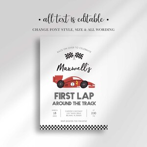 An explainer graphic reading "all text is editable, change font style, size & all wording" shown over Maxwell's race car-themed invitation design.