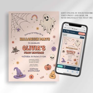 An explainer graphic reading "edit online in your web browser, then print and mail or send digitally via text or email" with Olivia's invitation shown on a smartphone screen.