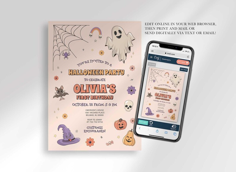 An explainer graphic reading "edit online in your web browser, then print and mail or send digitally via text or email" with Olivia's invitation shown on a smartphone screen.