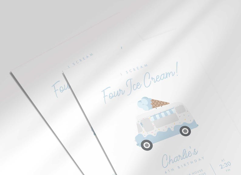 Close-up angled shot of two overlapping printed invitations, highlighting the watercolor ice cream truck and cone illustration and the script "I Scream, Four Ice Cream!" text detail.