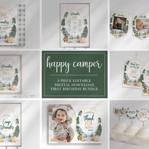 One Happy Camper 1st Birthday Invitation, Camping Birthday Bundle, One Happy Camper, Explorer Birthday, First Birthday Boy, Instant Download