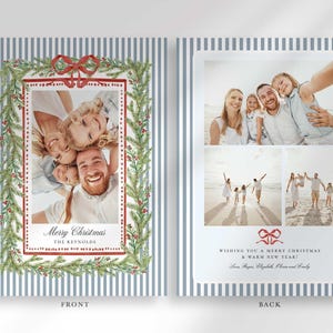 The front and back of the Christmas greeting card shown side by side, with the front featuring a family photo in a pine garland frame and the back showing a four-photo collage.
