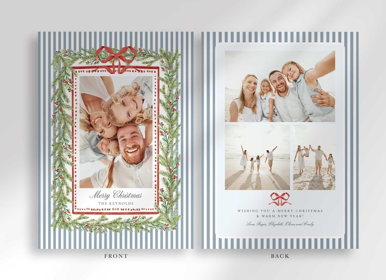 The front and back of the Christmas greeting card shown side by side, with the front featuring a family photo in a pine garland frame and the back showing a four-photo collage.