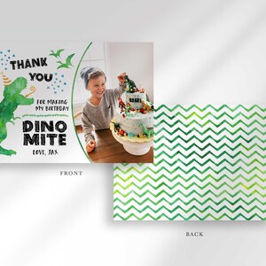 Graphic showing the front and back of the Dino Mite Thank You card, front with the birthday cake photo insert and dinosaur design, back with a green chevron pattern.