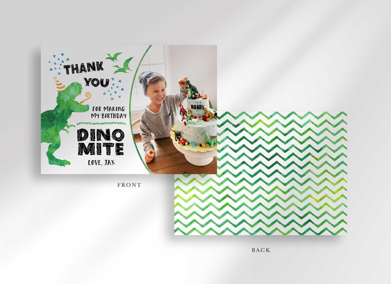 Graphic showing the front and back of the Dino Mite Thank You card, front with the birthday cake photo insert and dinosaur design, back with a green chevron pattern.
