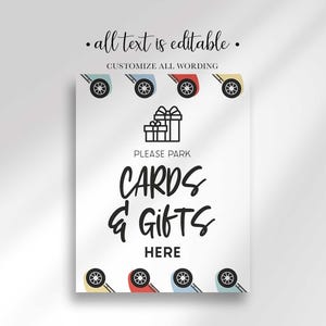 Please Park Cards & Gifts Here sign framed by racing wheels and tires, with a gift box illustration at the top, all text editable.