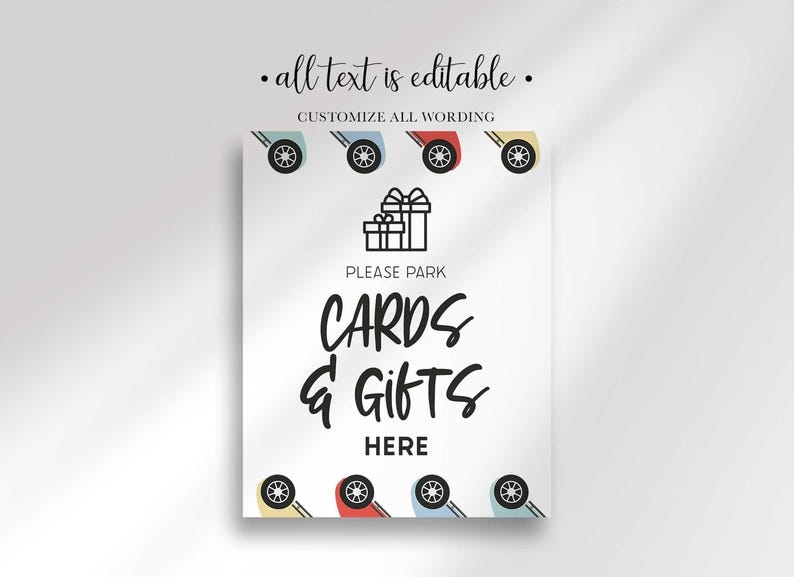Please Park Cards & Gifts Here sign framed by racing wheels and tires, with a gift box illustration at the top, all text editable.