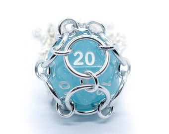 Light blue sparkle captive d20 dice necklace, DnD chainmail necklace, dice jail necklace, DM gift, gamer gift, captured dice necklace