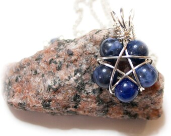Silver Wire wrapped blue sodalite bead star pendant, pentagram necklace, bead star necklace, stone bead necklace