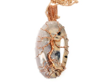 Tiger dendrite tree of life pendant, Copper tree necklace, dendrite jewelry, Wire wrapped stone pendant