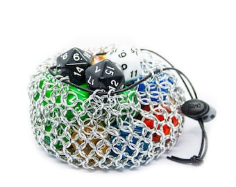 Silver anodized aluminum chainmail dice bag