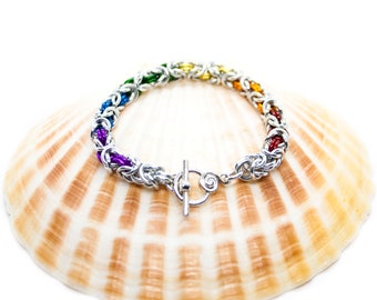 LGBTQ Pride Rainbow and silver byzantine chainmaille bracelet