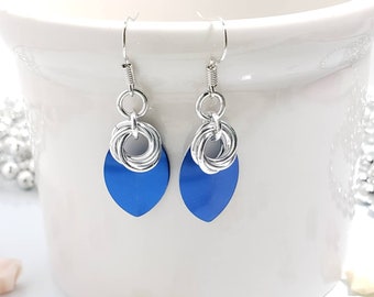 Blue scale and silver chainmaille drop earrings