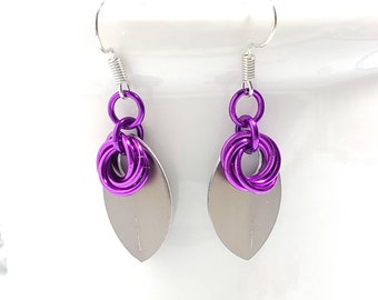 Matte silver scale earrings,  purple chainmaille earrings, anodized aluminum earrings, statement earrings, handmade jewelry, gift for her