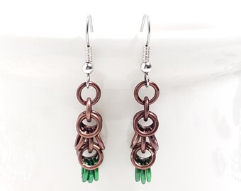 Brown and green forest chainmaille dangle earrings, dangle and drop earrings, handmade earrings, gift for her, holiday gift