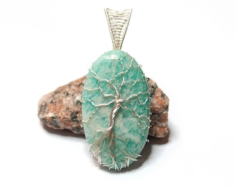 Aqua green Amazonite tree of life pendant, Silver tree necklace, Amazonite jewelry, Wire wrapped stone pendant, silver pendant