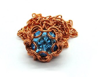 Blue crystal pendant copper chainmaille necklace