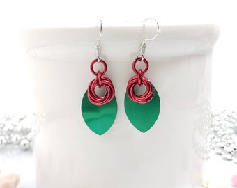 Green scale and red chainmaille holly Christmas earrings