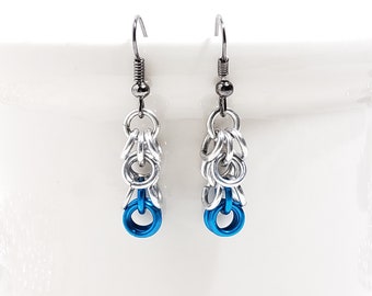 Silver and blue chainmaille dangle earrings, dangle and drop earrings, handmade earrings, gift for her, holiday gift