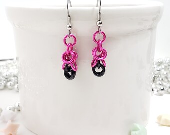 Pink and black chainmaille dangle earrings, dangle and drop earrings, handmade earrings, gift for her, holiday gift