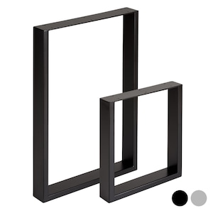Puede incluir: Dos patas de mesa de metal negro, una más grande que la otra, se muestran sobre un fondo blanco. Las patas son de forma rectangular y tienen un diseño simple y moderno.