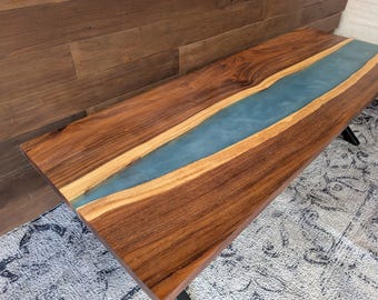 River Resin Dining Table (180x65cm) Walnut Wood Slab & Blue Epoxy
