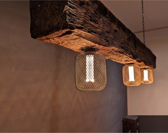 Farmhouse Faux Wood Beam Light, 3x Lamps, Wooden Beam Light Fixture, Rustic Lighting, Hanging