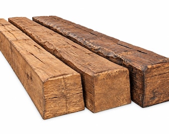 May include: Three rectangular wooden beams with a rough, weathered texture and deep brown grain patterns. Each beam features visible cracks, knots, and a distressed finish, showcasing a natural, aged appearance with varying shades of brown.